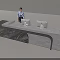 Modern Reception Desk Featuring Female Staff Marble Surface Two Computer Monitors And Sculpture 3d model