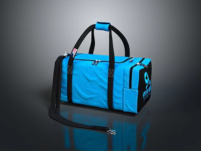 Stylish Blue Duffel Bag with Black Handles Shoulder Strap and White Logo Design 3d model