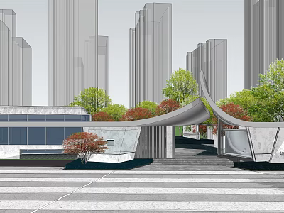 Modern Sales Office Building With Curved Structure Glass Walls And Surrounding Greenery Near High-Rise Buildings 3d model