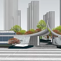 Modern Sales Office Building With Curved Structure Glass Walls And Surrounding Greenery Near High-Rise Buildings