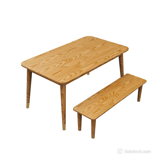Rectangular Wooden Dining Table With Matching Bench And Natural Wood Grain 3d model 
