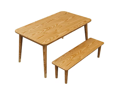 Rectangular Wooden Dining Table With Matching Bench And Natural Wood Grain 3d model