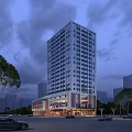 High Rise Modern Residential Building Exterior With Trees City Background And Commercial Retail Base