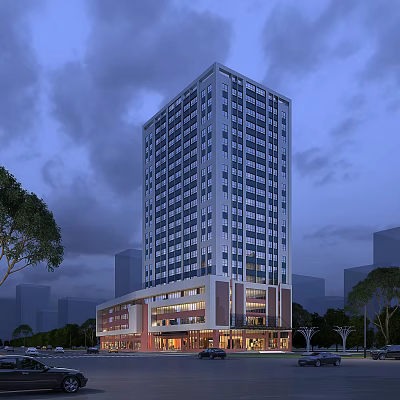 High Rise Modern Residential Building Exterior With Trees City Background And Commercial Retail Base 3d model