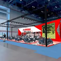 Yamaha Red And White Exhibition Booth With Truss Structure Motorcycles On Display And Reception Counter