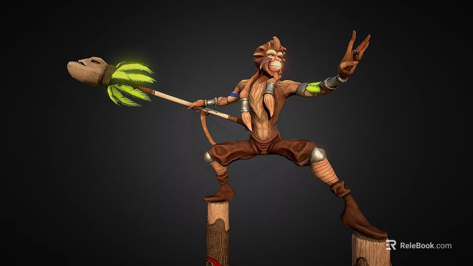 Game Movie Monkey Character With Glowing Green Staff Standing On Wooden Stumps Making Victory Sign 3d model 
