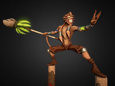 Game Movie Monkey Character With Glowing Green Staff Standing On Wooden Stumps Making Victory Sign 3d model