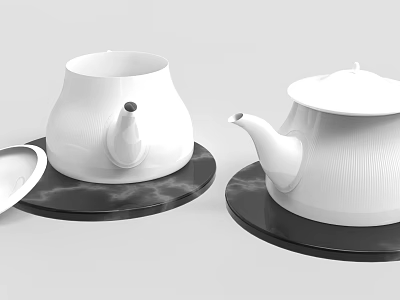 Elegant White Ceramic Tea Set with Teapots and Black Marble Trays 3d model