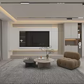 Modern Living Dining Room With Minimalist Gray Sofa Brown Armchair Round Coffee Table And Rug