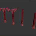 Red Architectural Columns With Decorative Carved Tops And Simple Cylindrical Designs