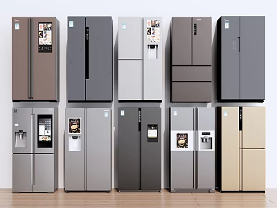 Modern Refrigerators in Various Styles and Different Colors Displayed in a Row 3d model