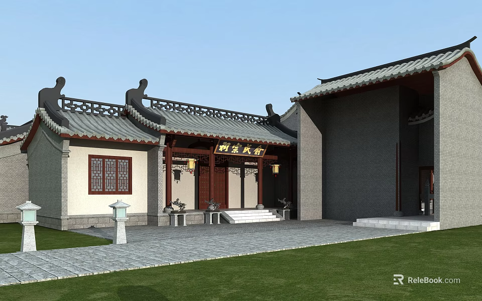 Traditional Chinese Ancient Architecture With Carved Eaves Plaque Courtyard Lawn And Stone Steps 3d model 
