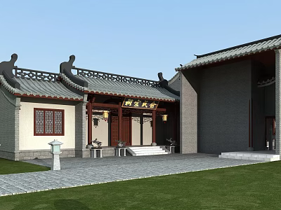 Traditional Chinese Ancient Architecture With Carved Eaves Plaque Courtyard Lawn And Stone Steps 3d model