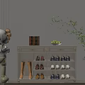 Modern White Shoe Cabinet Featuring Shoes Books Fruit Basket and Green Plant