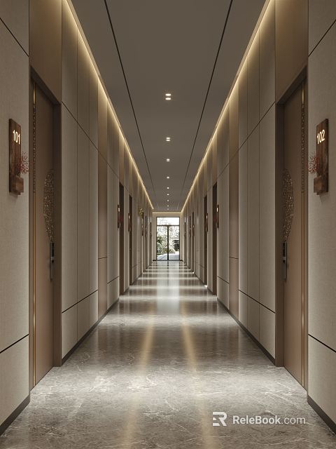 Spacious Modern Hotel Corridor With Side Room Doors Ceiling Recessed Lights And Wall Decorations 3d model 