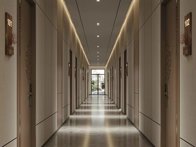 Spacious Modern Hotel Corridor With Side Room Doors Ceiling Recessed Lights And Wall Decorations 3d model