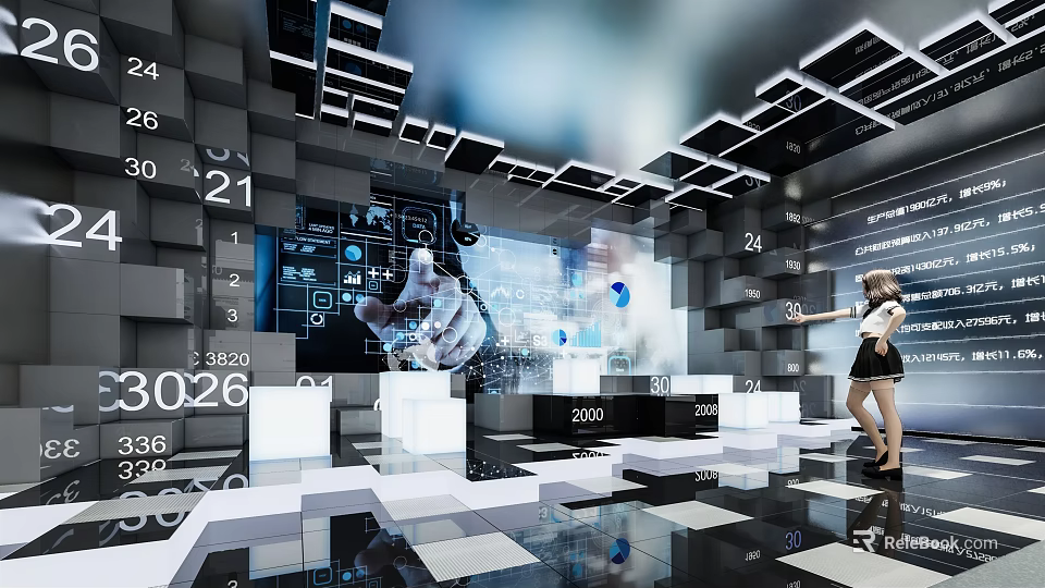Digital Exhibition Space With Large Screen Number Displays And Interactive Female Figure 3d model 