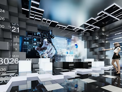 Digital Exhibition Space With Large Screen Number Displays And Interactive Female Figure 3d model