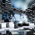 Digital Exhibition Space With Large Screen Number Displays And Interactive Female Figure