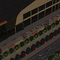 Starry Night Commercial Street With Red Double Decker Bus Benches Shops and Illuminated Lights