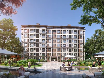 Residential Building Exterior Design With Green Trees And Outdoor Relaxation Spaces 3d model