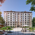 Residential Building Exterior Design With Green Trees And Outdoor Relaxation Spaces