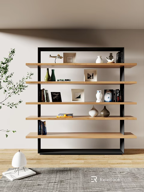 Modern Wooden and Metal Shelving Unit Displaying Vases Photo Frames Books and Decorative Items 3d model 