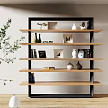Modern Wooden and Metal Shelving Unit Displaying Vases Photo Frames Books and Decorative Items