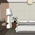 Cozy Bedroom With Beige Panel Wall White Floor Lamp Wooden Nightstand Green Plant And Sunlight