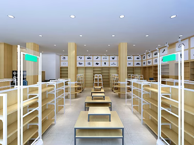 Retail Store Interior Featuring Wooden And Metal Shelves Display Tables And Ceiling Lighting 3d model