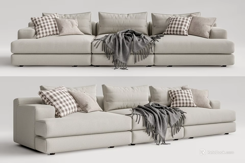Light Colored Sectional Sofa With Plaid Cushions And Gray Throw Blanket 3d model 