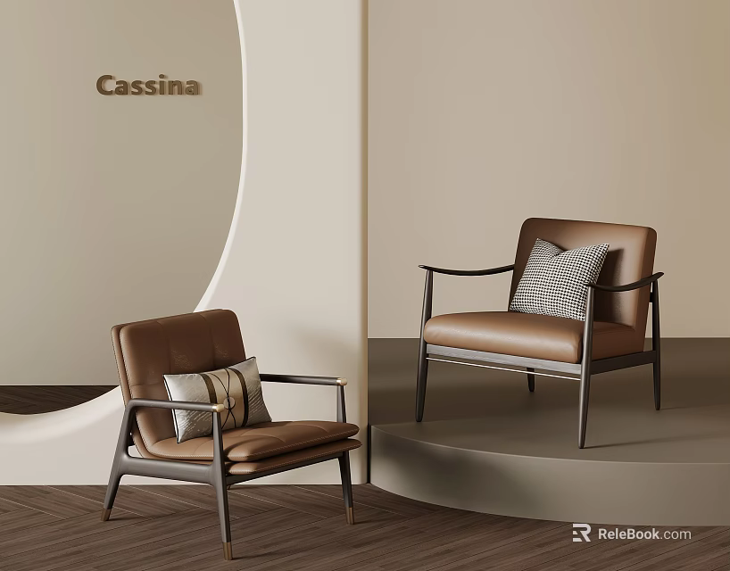Cassina Modern Brown Leather Leisure Chairs With Metal Frames And Plush Cushions 3d model 