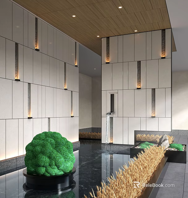 Modern Lobby Interior With Green Spherical Garden Ornament And Yellow Grasses 3d model 
