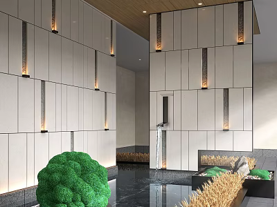 Modern Lobby Interior With Green Spherical Garden Ornament And Yellow Grasses 3d model