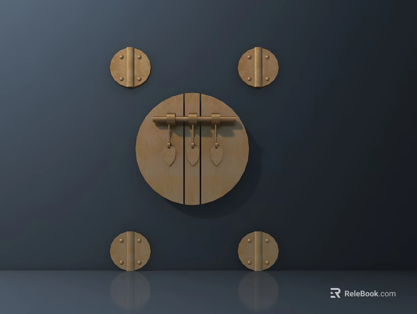 Metal Handles on Circular Wooden Panel with Vertical Strips and Decorative Plates Against Gray Wall 3d model 
