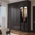 Dark Modern Wardrobe Interior Design With Glass Door Gold Handles Drawers And Hanging Clothes