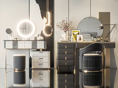 Elegant Modern Dressing Table With Round Mirror Stool Drawers And Decorative Lighting 3d model