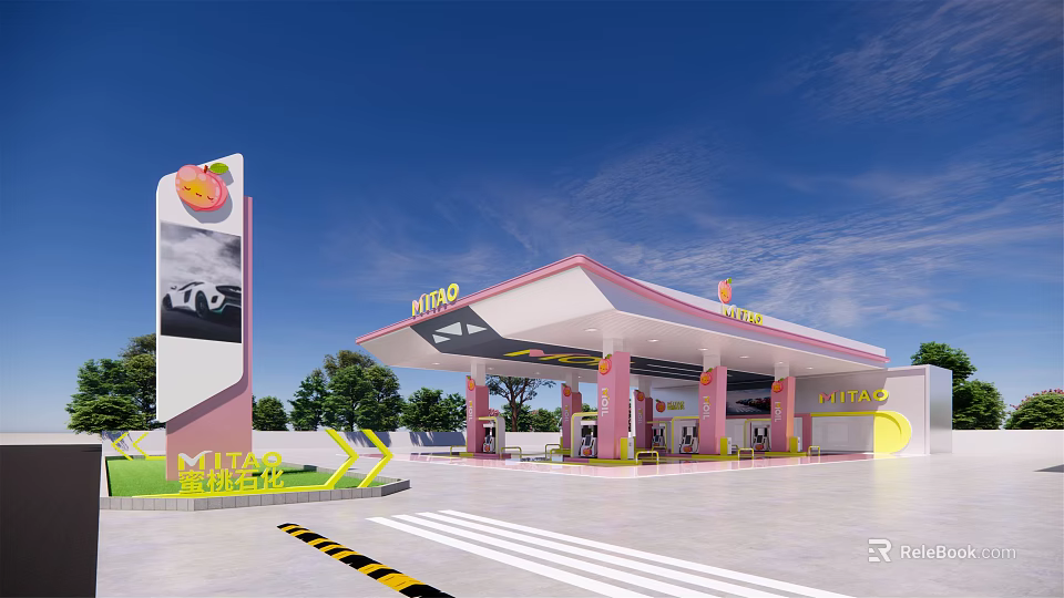 MIDUO Gas Station With Pink White Canopy Fuel Pumps Blue Sky And Trees 3d model 