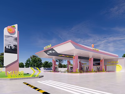 MIDUO Gas Station With Pink White Canopy Fuel Pumps Blue Sky And Trees 3d model