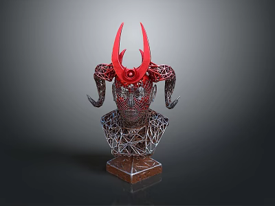 Ornate Head Sculpture With Red Horns And Metal Mesh Structure On Base 3d model