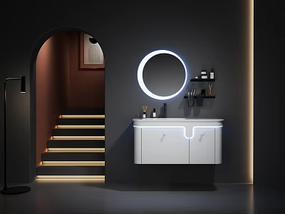 Modern Hotel Bathroom Interior Design With Round Mirror White Vanity And Lighting 3d model
