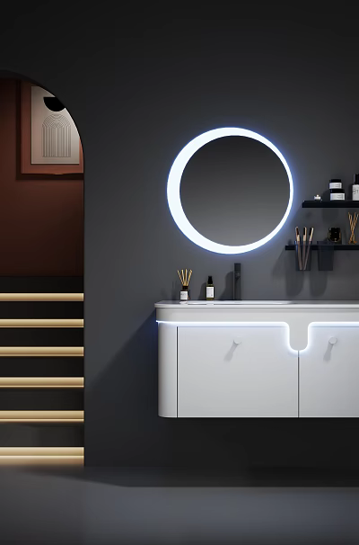 Modern Hotel Bathroom Interior Design With Round Mirror White Vanity And Lighting 3d model