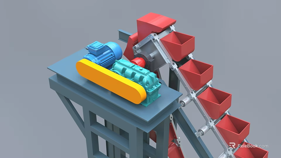 Industrial Equipment With Blue Green Motor Yellow Component And Red Bucket Conveyor On Gray Frame 3d model 