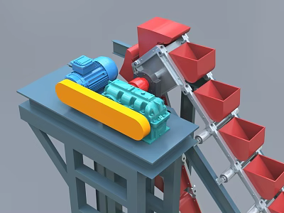 Industrial Equipment With Blue Green Motor Yellow Component And Red Bucket Conveyor On Gray Frame 3d model
