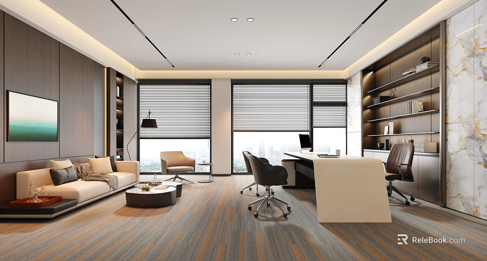 Elegant Modern Executive Office Design With Comfortable Lounge Space And Large Panoramic City Windows 3d model 