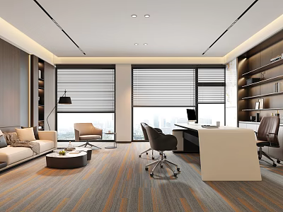 Elegant Modern Executive Office Design With Comfortable Lounge Space And Large Panoramic City Windows 3d model