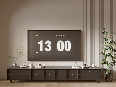 Modern TV Stand With Digital Screen Showing Time Date Decorative Items And Potted Plant 3d model