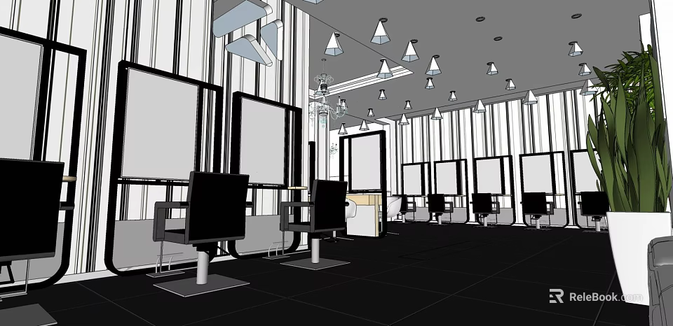 Modern Hair Salon Interior With Spacious Layout Striped Walls Multiple Mirrors Styling Chairs Pendant Lights 3d model 