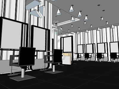 Modern Hair Salon Interior With Spacious Layout Striped Walls Multiple Mirrors Styling Chairs Pendant Lights 3d model