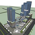 Modern Office Building With Tall Glass Curtain Walls Greenery On Top Lower Buildings And Plaza